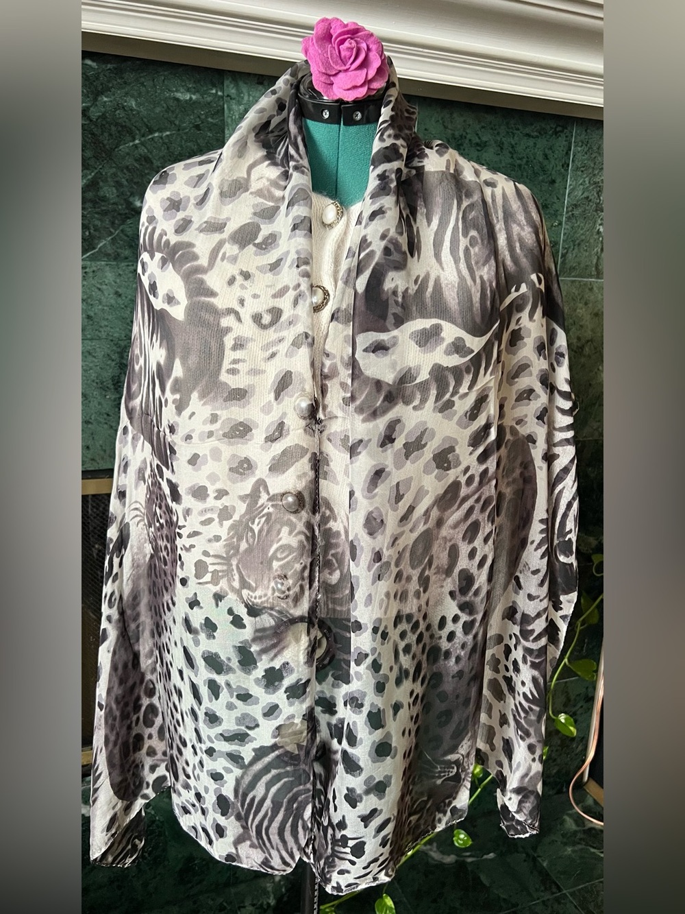 Rare! Pierre Cardin Oblong Silk Scarf Grey Black Tiger Leopard Animal Print